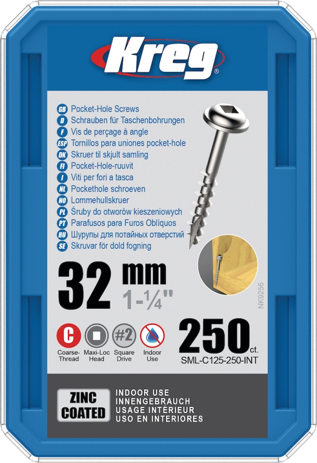 Šrouby Kreg SML-C125-250-INT do kapsového otvoru 32 mm, pozinkované, hrubý závit Maxi-Loc, 250 kusů