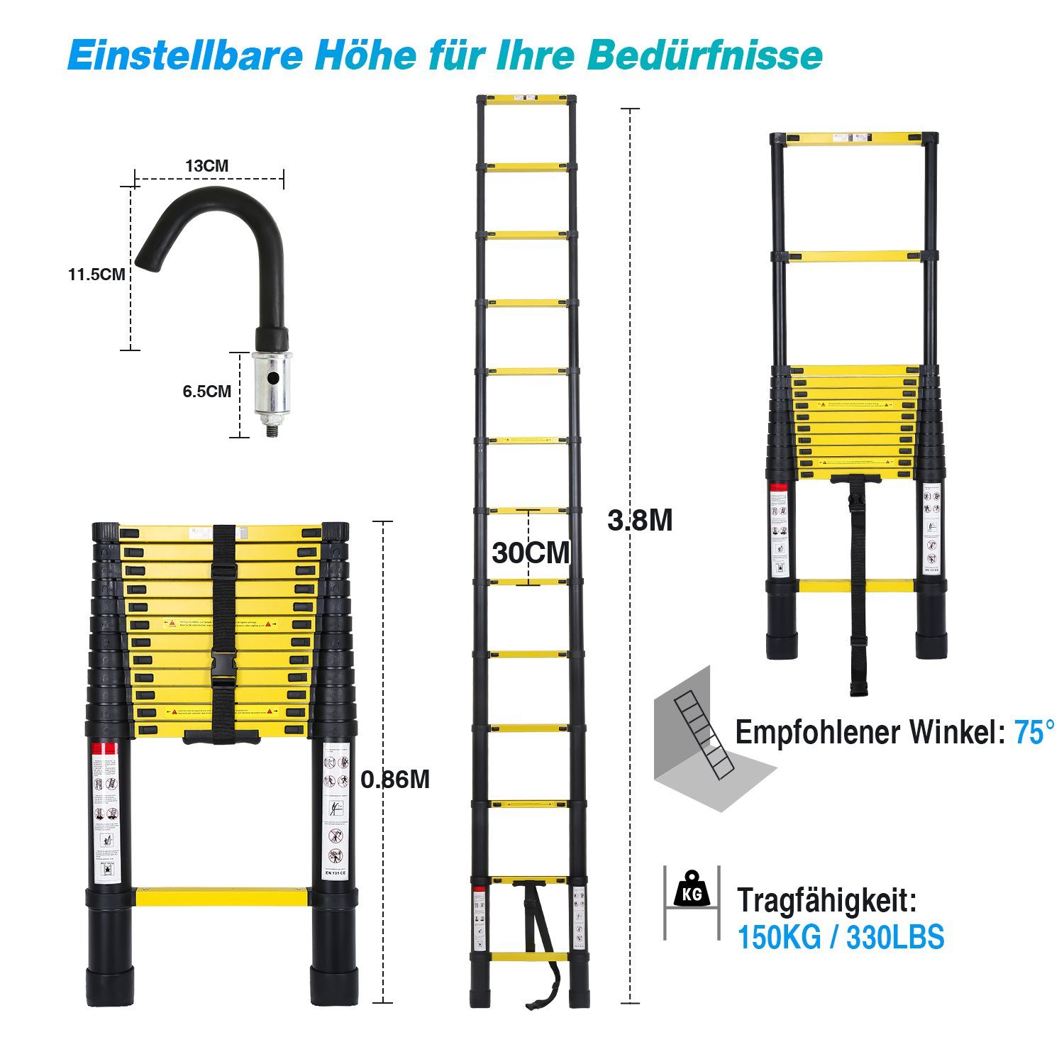 Gimisgu Teleskopleiter Teleskopleiter Alu 3.8m Ausziehleiter mit haken Anlegeleiter