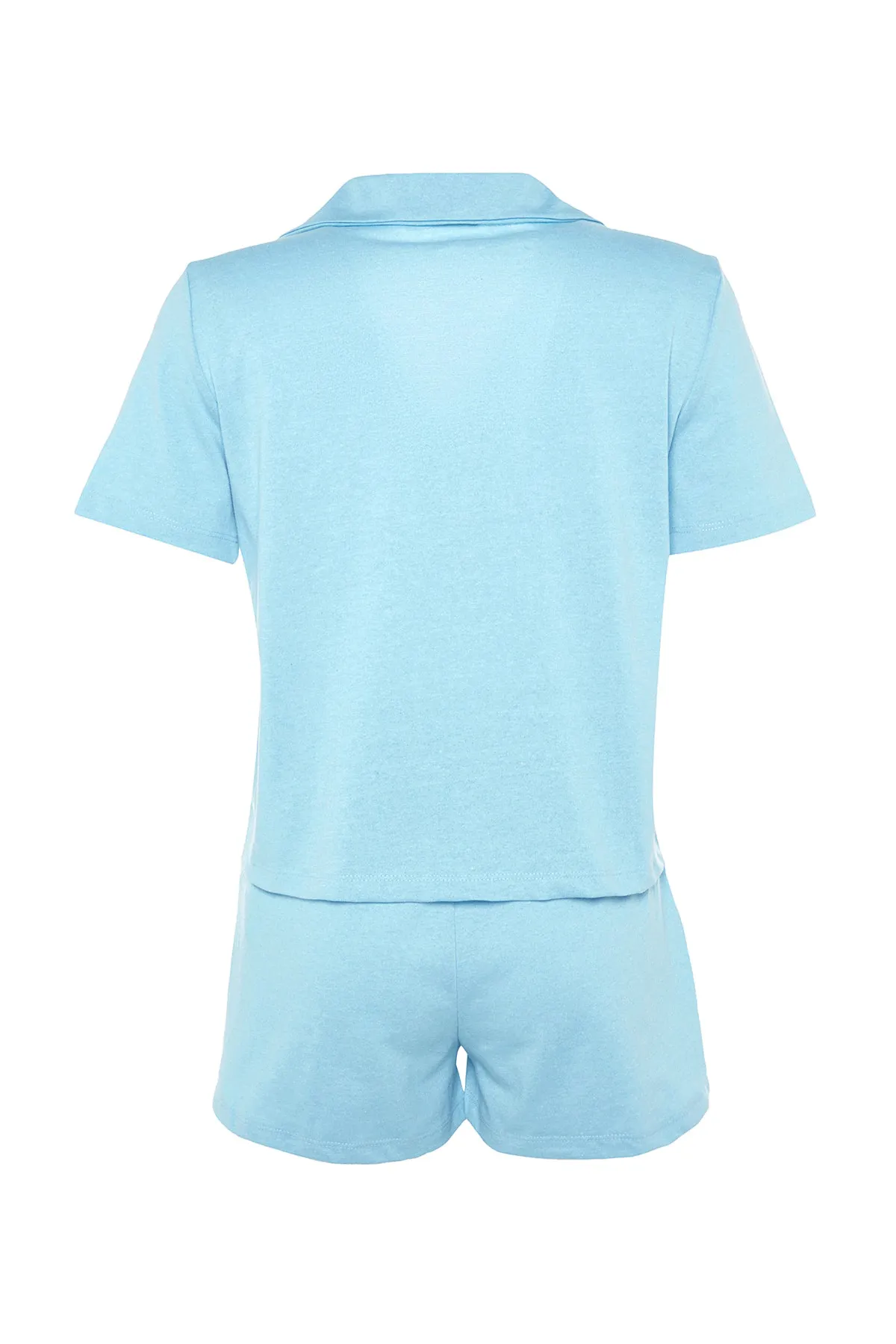 Trendyol Collection  Blaues Pyjama-Set aus Hemd und Shorts aus 100 % Baumwolle mit Teddybär-Stickerei THMSS23PT00012