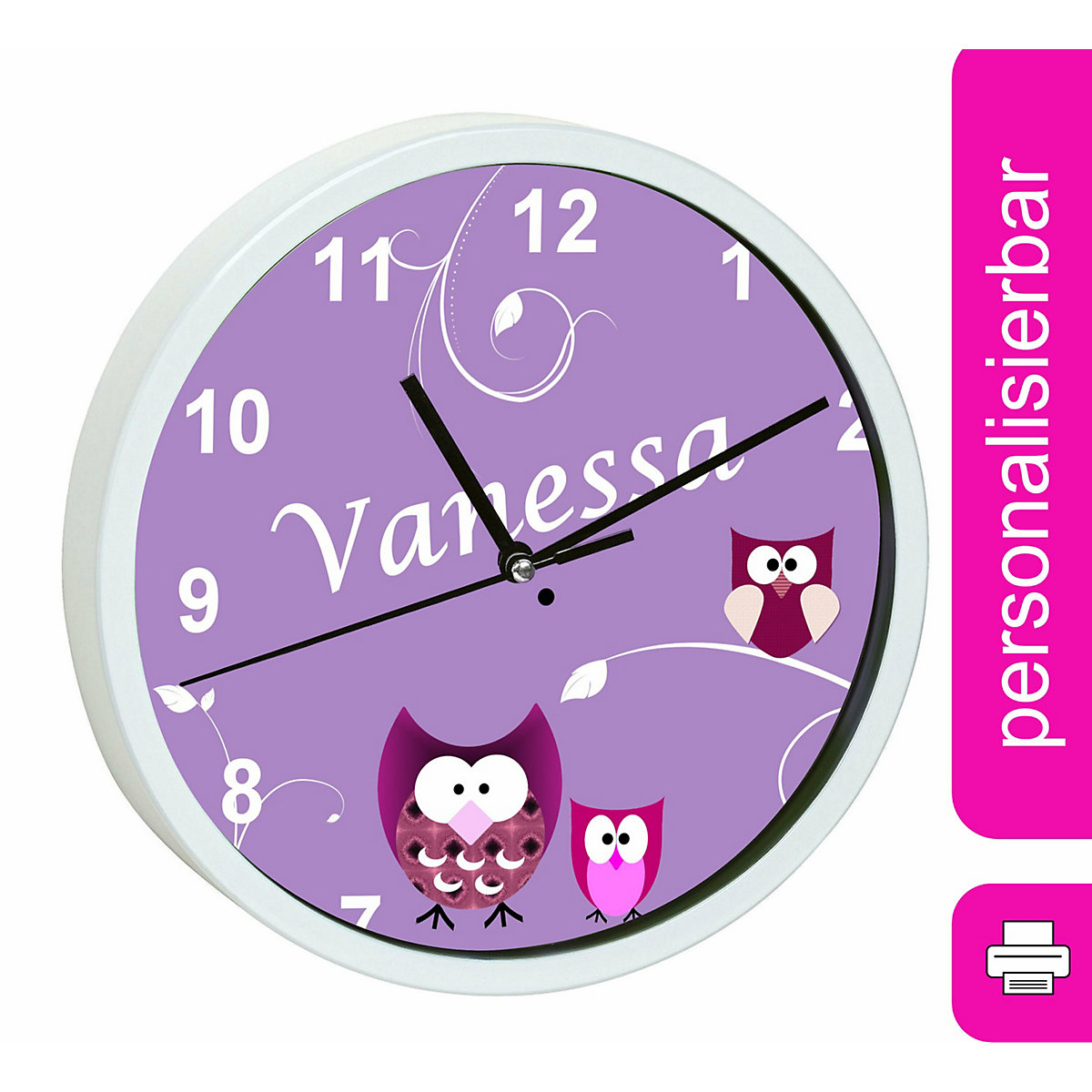 Kinder Wanduhr personalisiert mit Name Eule Lila