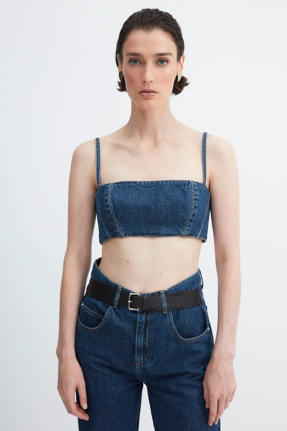 Trendyol Collection  X Zeynep Tosun Blaues Jeans-Bustier mit Ziernähten TPRAW23BS00061