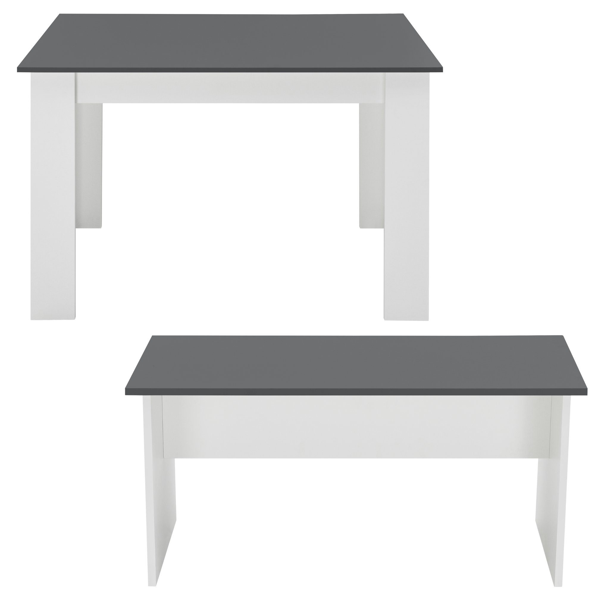 en.casa Essgruppe, (3-tlg), Hokksund Sitzgruppe Esstisch 110x70cm mit 2 Sitzbänken Weiß / Grau
