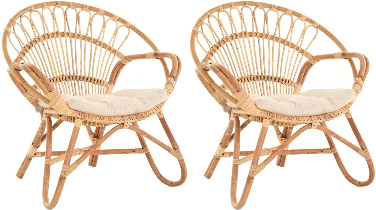 Krines Home Rattanstuhl Set/2 Korbsessel mediterran Lounge Rattansessel Natur Rattan (Tropic), Korbstuhl mit Armlehnen Wintergarten