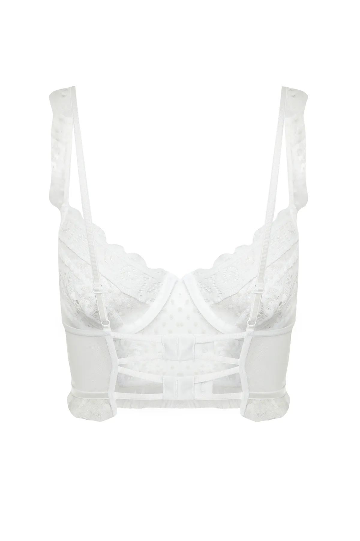 Trendyol Collection  Braut-Bustier aus weißem Spitzenstoff mit Tupfenmuster und Tülldetail, Seilriemen, ohne Kappe, Strick-Bustier THMSS24SU00043