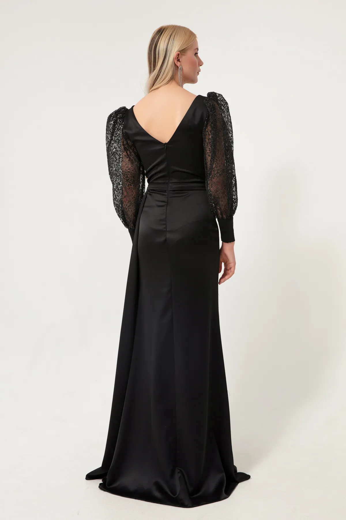 Lafaba  Schwarzes, zweireihiges, glitzerndes Abendkleid aus Satin mit Kragen für Damen