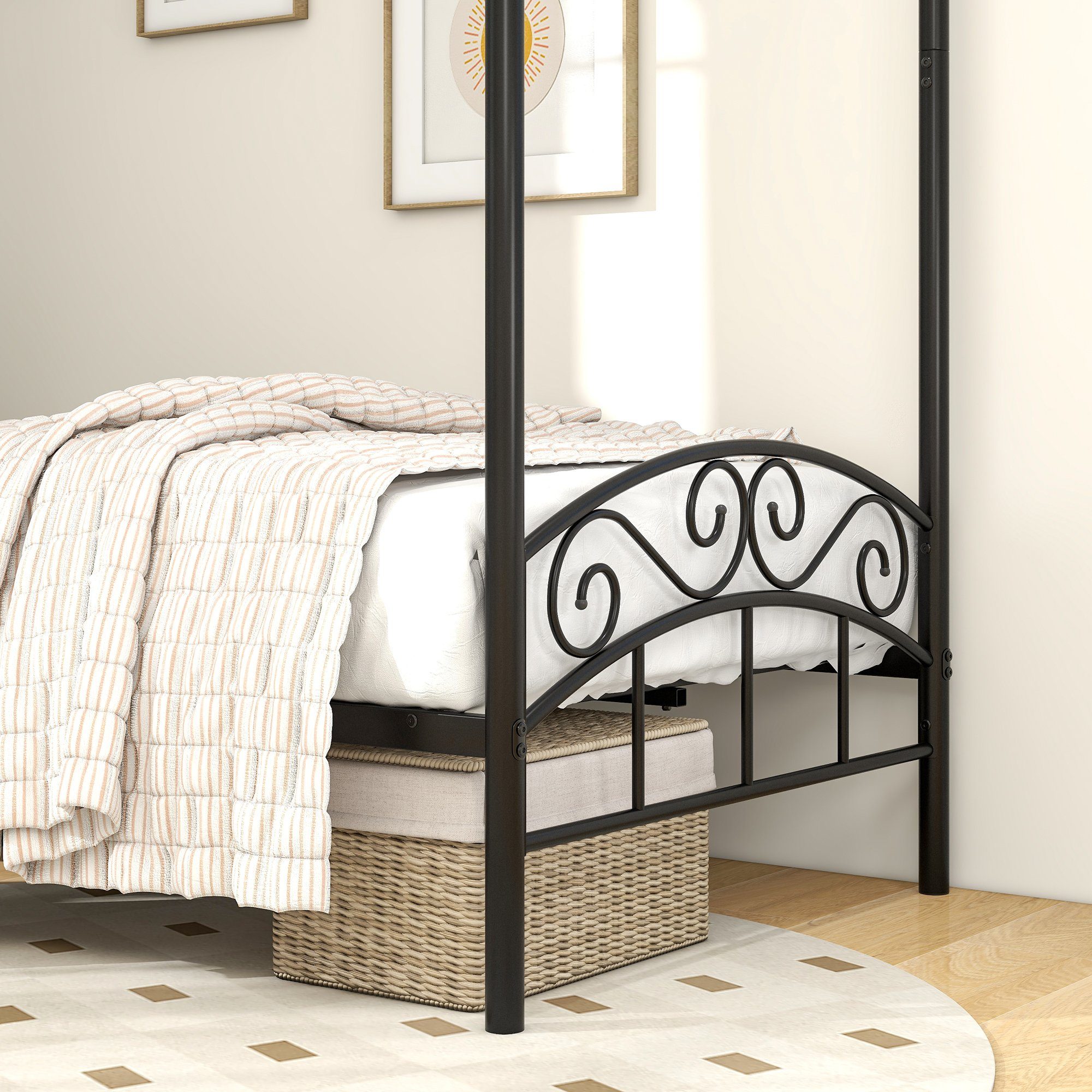 OKWISH Metallbett Einzelbett, Himmelbett-Gestell Metall Himmelbett Eisenbett (Schlafzimmerbett Bettrahmen 90x190cm, mit Himmel Metallbett Klassisch Design), Ohne Matratze