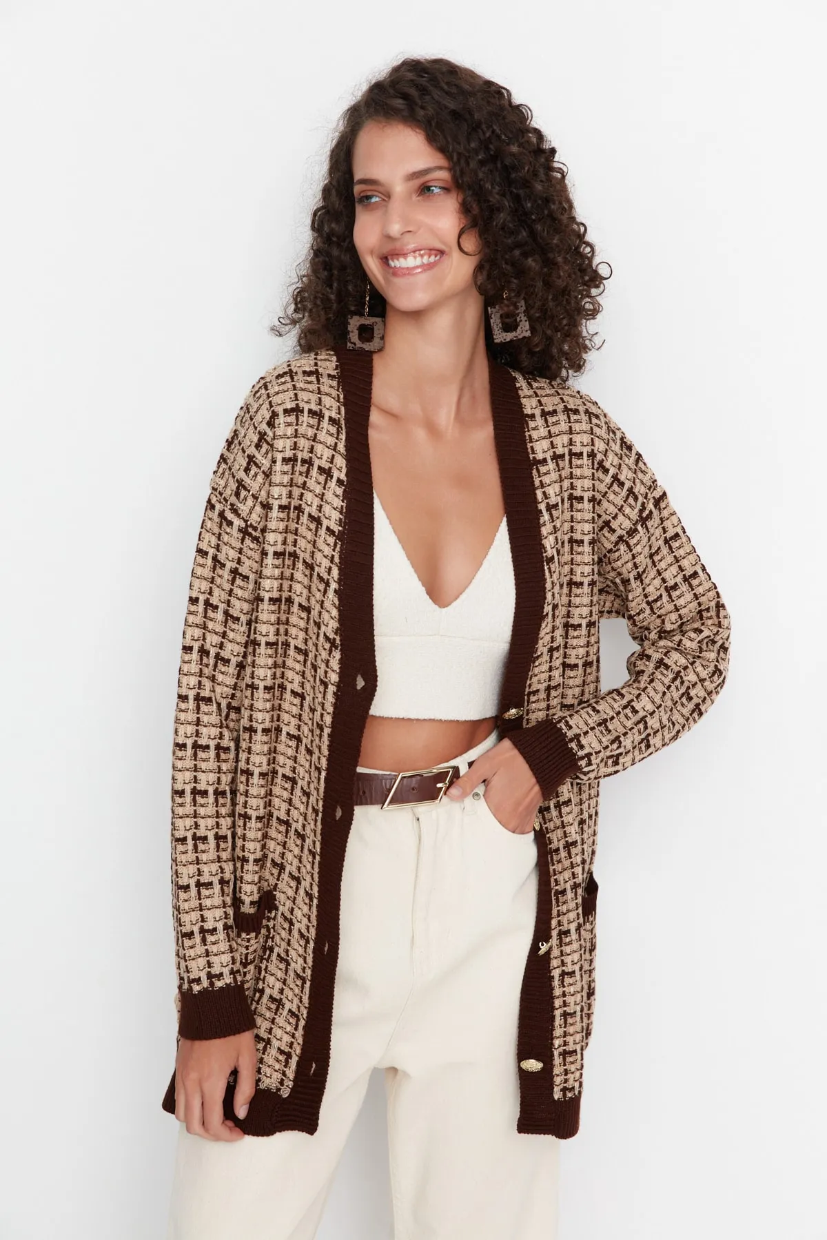 Trendyol Collection  Braune, weite Strickjacke in Tweed-Optik mit Glitzer TWOAW21HI0250
