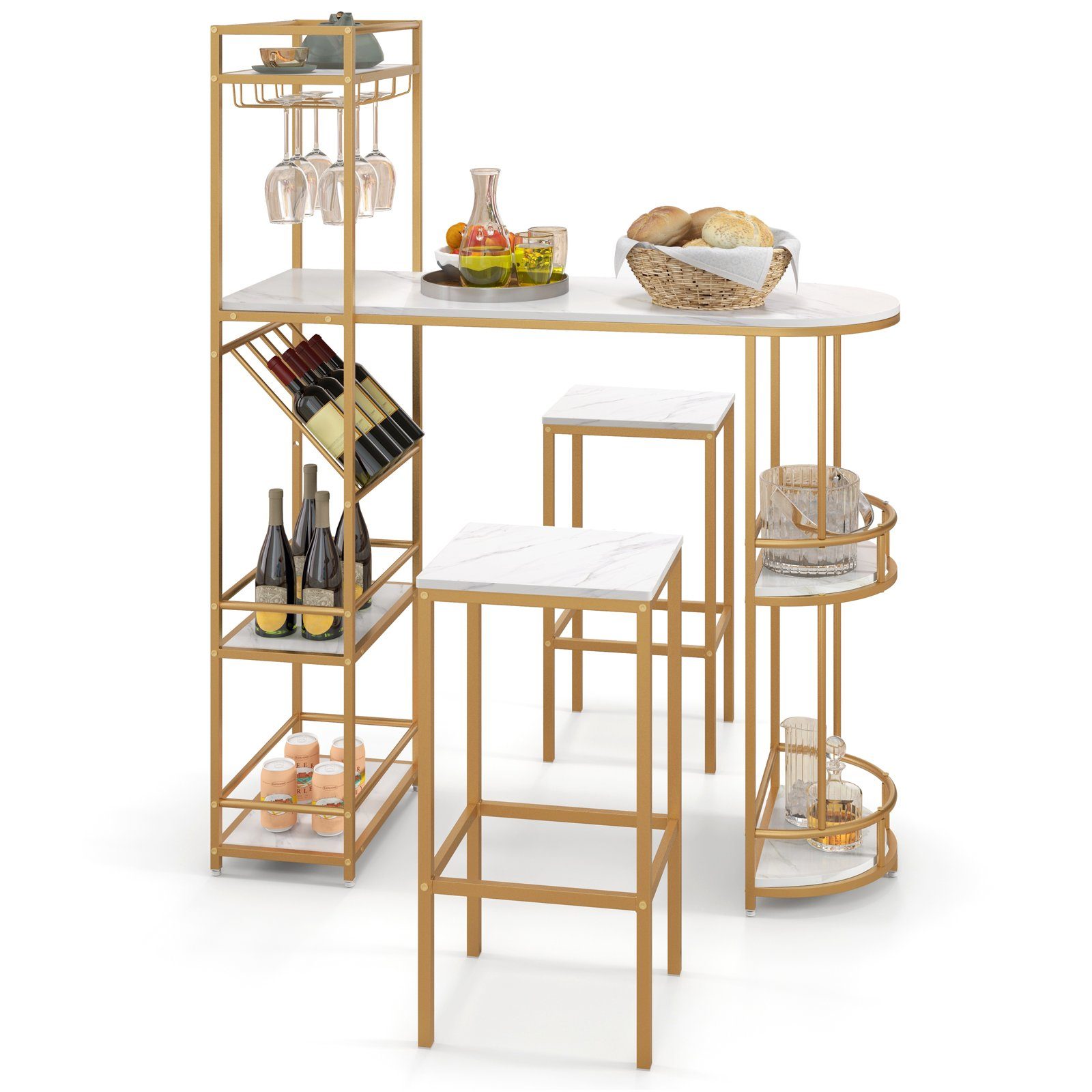 COSTWAY Bartisch, mit Hocker 2er Set, Mamor, mit Ablage, Glashalter&Weinregal