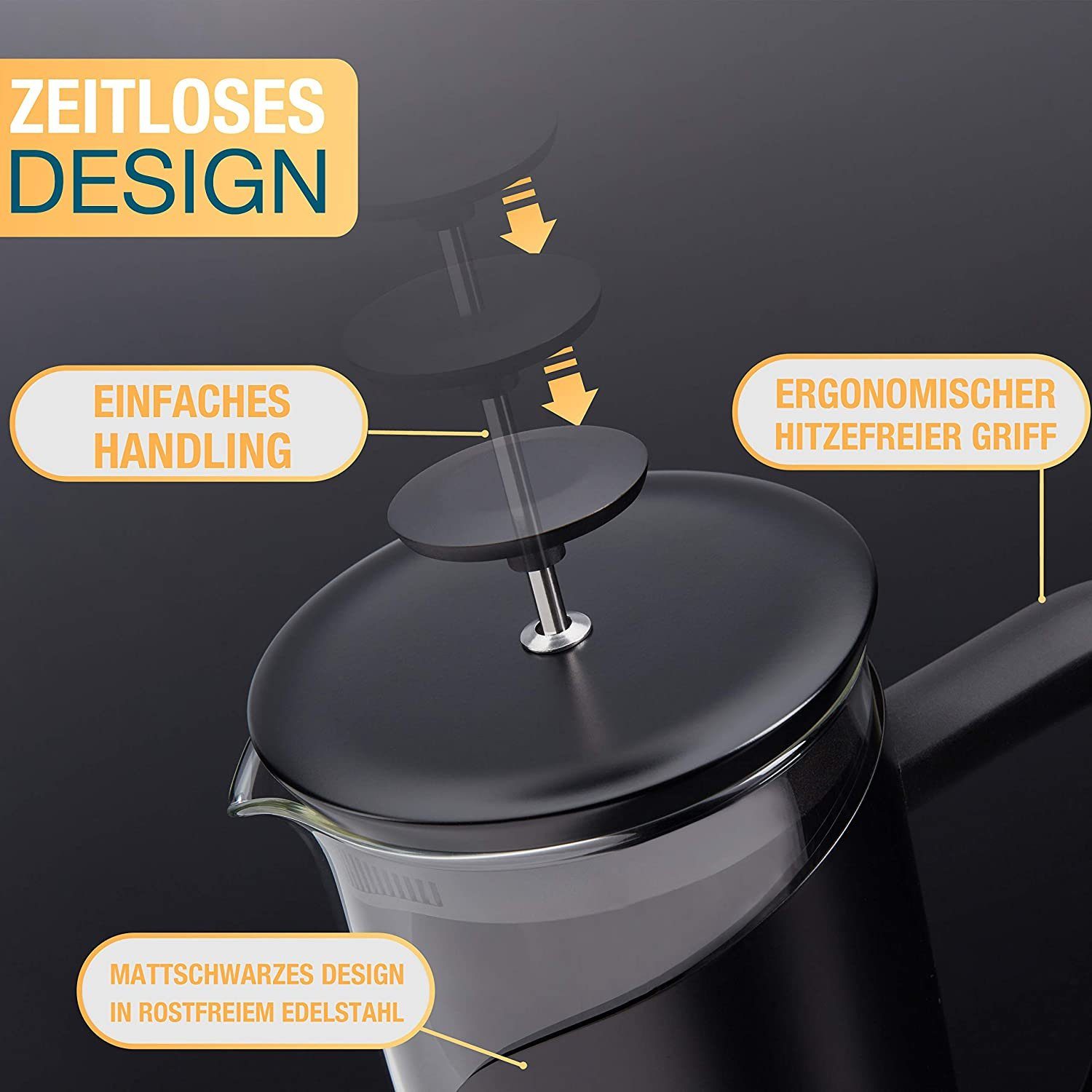 Thiru French Press Kanne Kaffeebereiter mit 4D Filtersystem, Edelstahl & Glas
