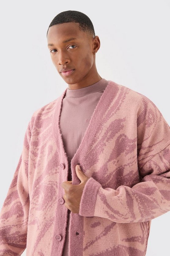 Kastiger Oversize Jacquard-Cardigan mit abstraktem Print