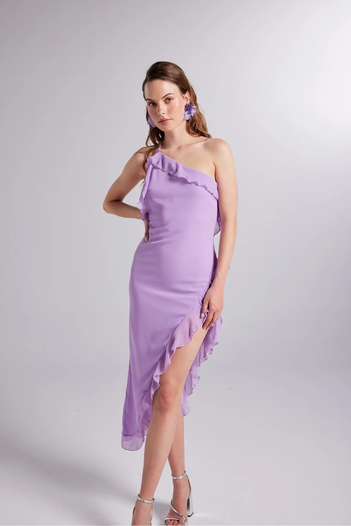 HOLLY LOLLY  One-Shoulder-Rüschendetailliertes Chiffon-Liebeskleid Flieder