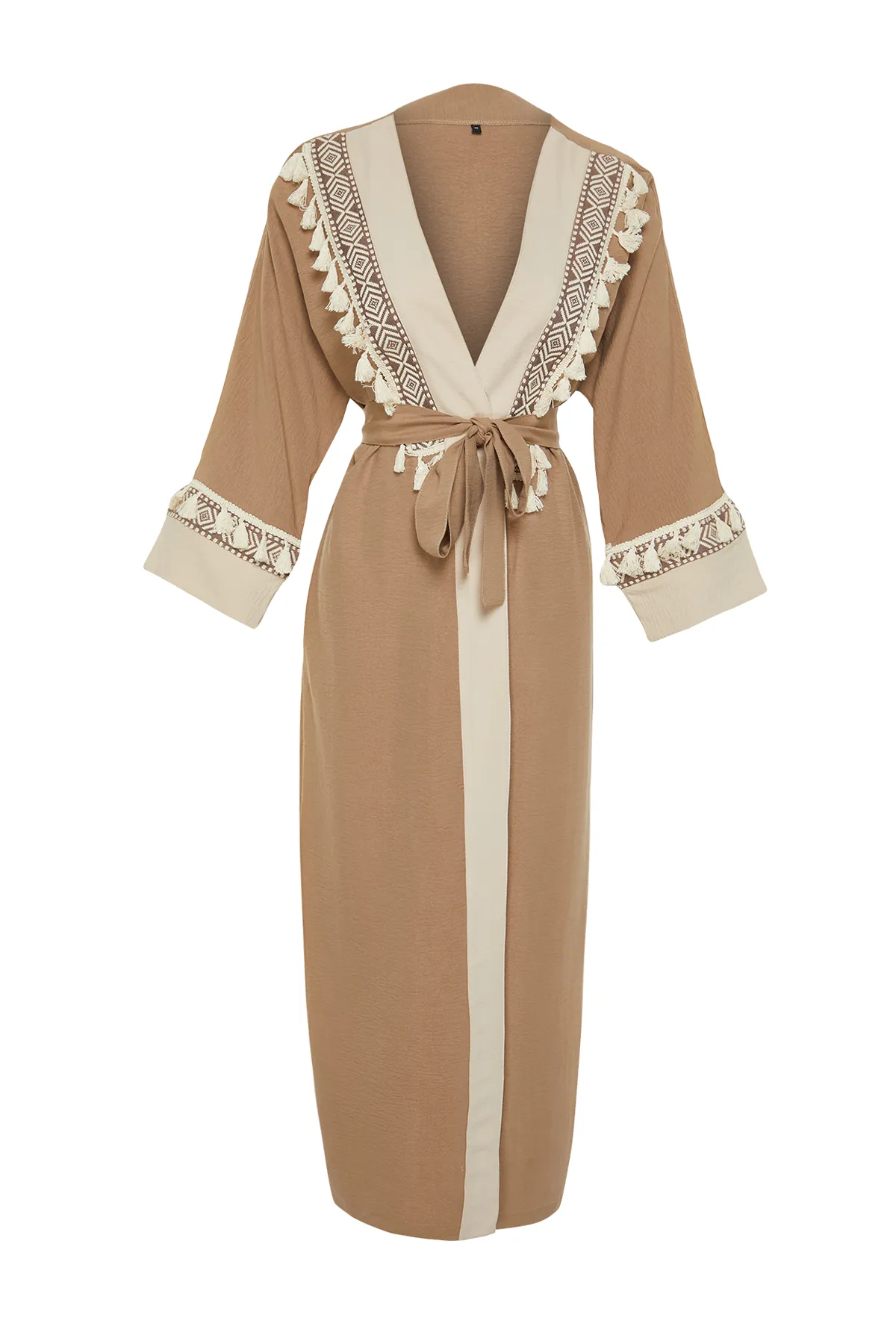 Trendyol Modest  Brauner Brode-Kimono mit Gürtel und detailliertem Crinkle-Gewebe, Kaftan und Abaya TCTSS24KF00007
