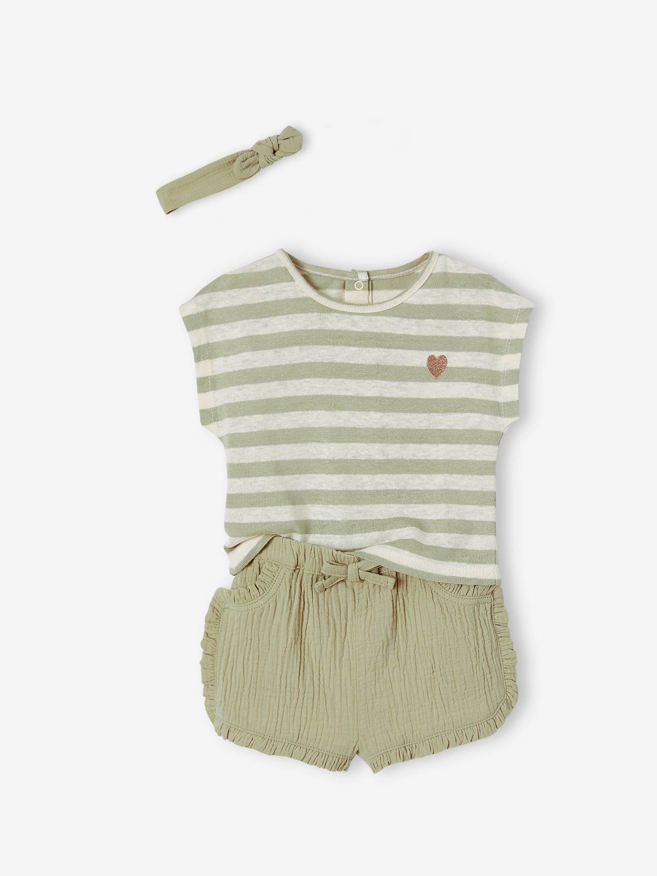 Ensemble bébé short, T-shirt rayé et bandeau orange