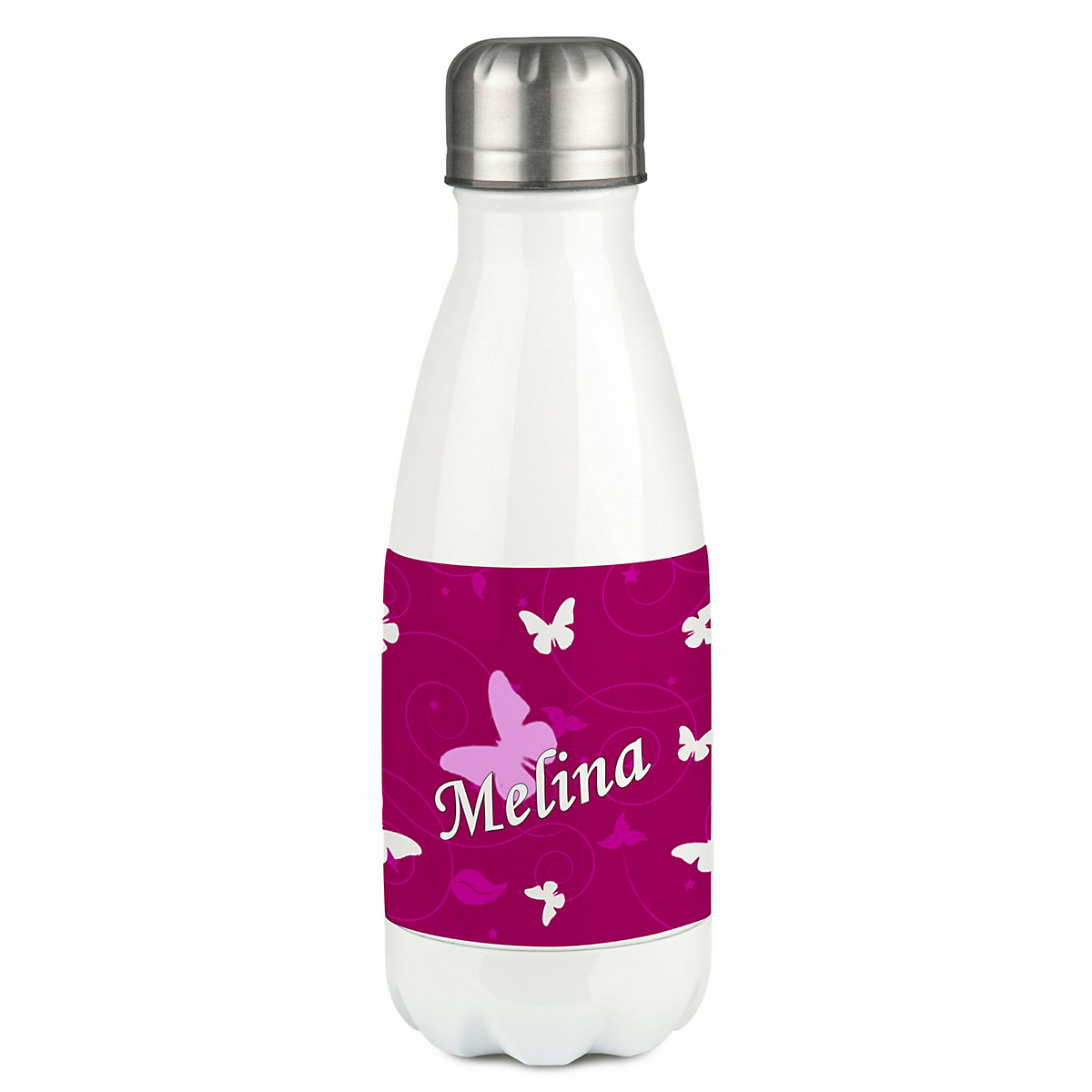 Edelstahl Kinder Thermoflasche / Trinkflasche bunt Schmetterling Ornamente Farbe brombeere Spülmaschinenfest, Auslaufsicher, Bruchfest, Doppelwandig, Für Heißgetränke geeignet, Mit Deckel, Isolier