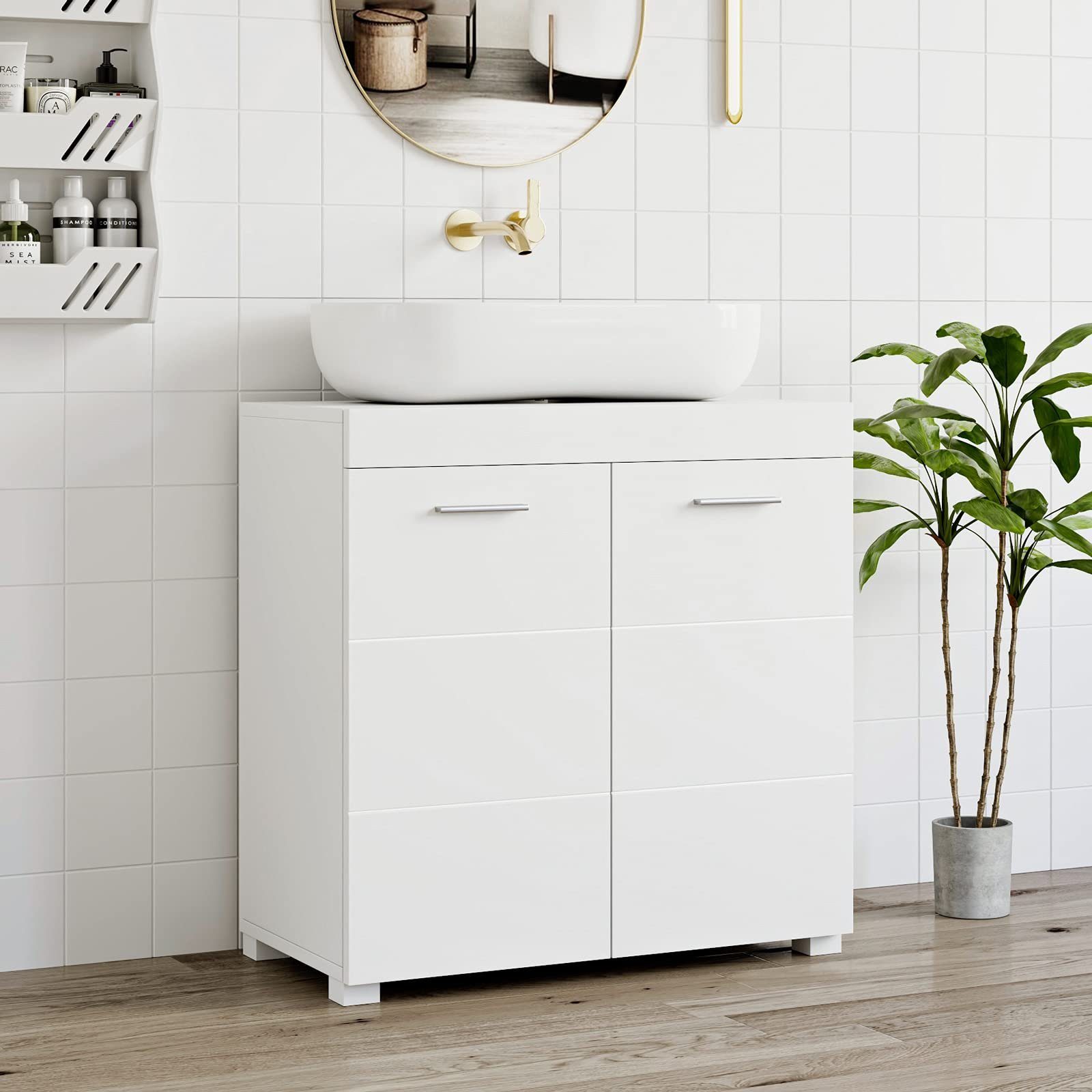 Homfa Waschbeckenunterschrank Unterschrank Badezimmerschrank, mit 2 Türen, weiß, 60x31x60cm