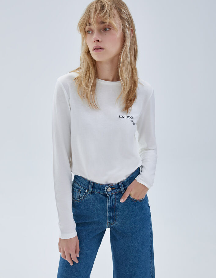 Tee-shirt blanc message brodé poitrine Femme