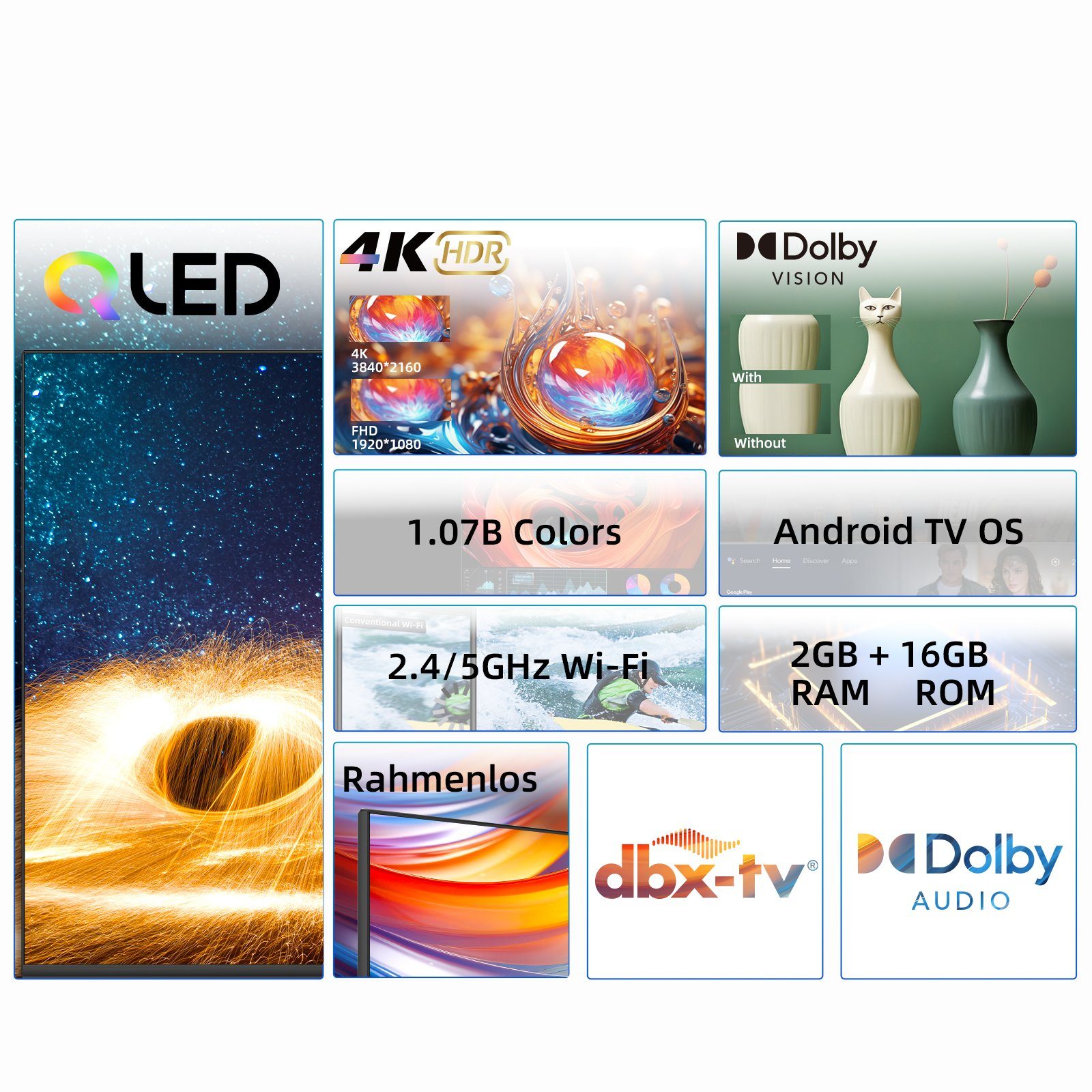 CHiQ U55QH7C QLED-Fernseher (139,00 cm/55 Zoll, 4K Ultra HD, Smart-TV, Android TV, WCG,Rahmlos design, Google Assistant)