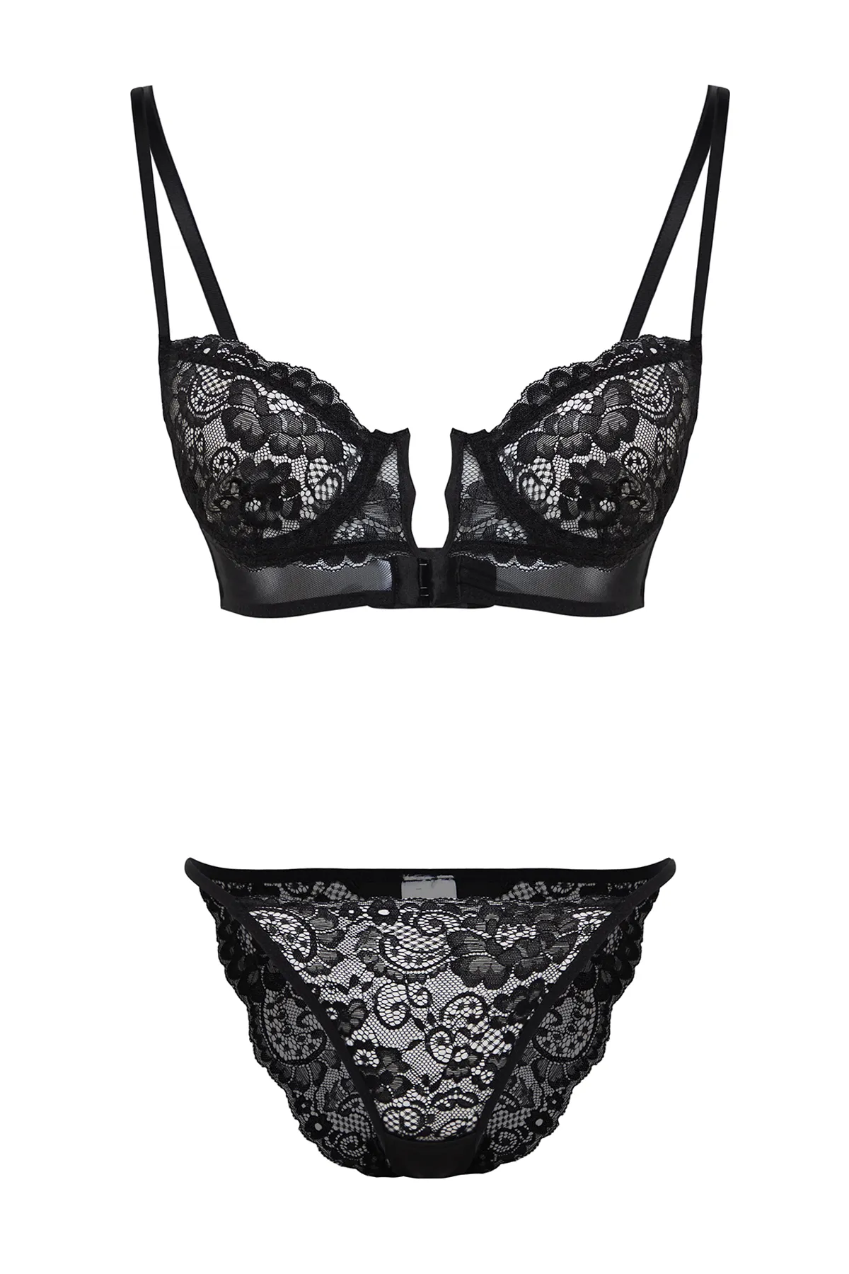 Trendyol Collection  Schwarzes, gestricktes Dessous-Set mit Bügeln und Seilträgern aus Spitze, ohne Besatz THMSS24CC00012