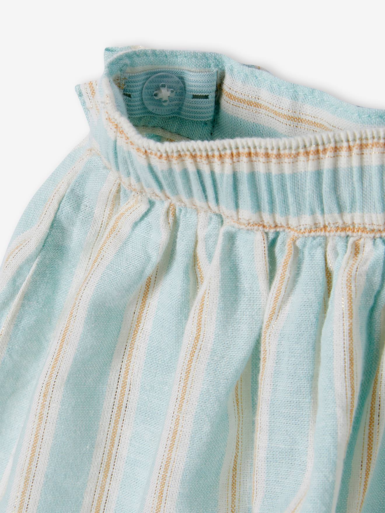 Jupe rayée fil brillant fille en coton/lin bleu pâle