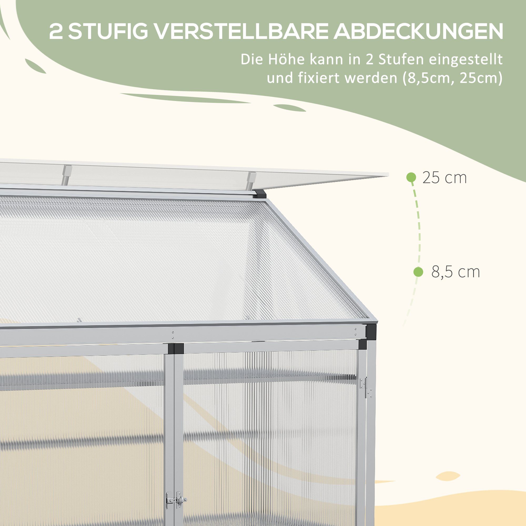 Outsunny Foliengewächshaus Frühbeetkasten, BxTxH: 131 x 58 x 139.5 cm, 3 Ebenen Frühbeet 1-St., Alu-Gewächshaus mit Fundamentrahmen, mit Lüftungsöffnungen und Entwässerungsleitungen