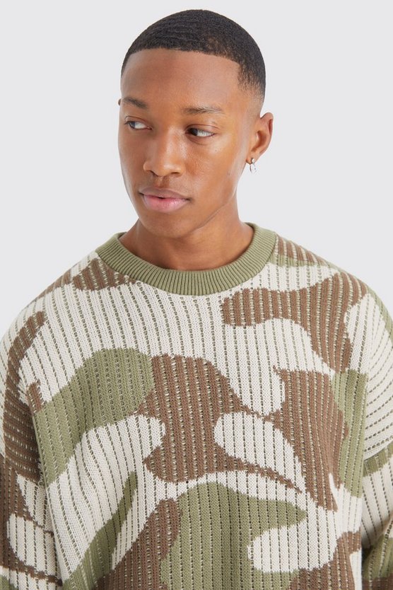 Gerippter Oversize Camouflage-Strickpullover