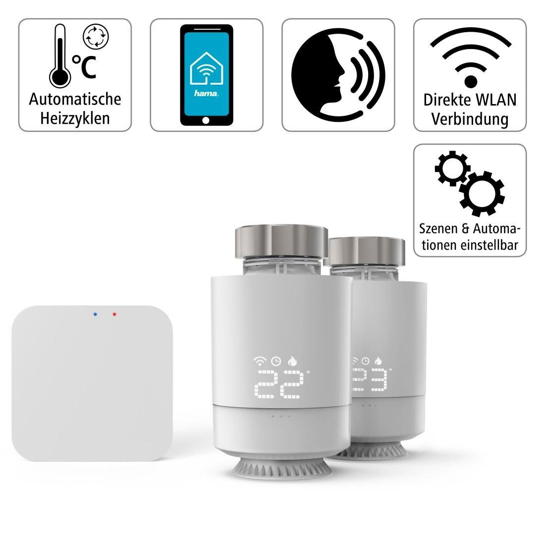 Hama WLAN Heizungssteuerung, Set 2x smart Heizungsthermostat, Hub + Adapter Smart-Home Starter-Set