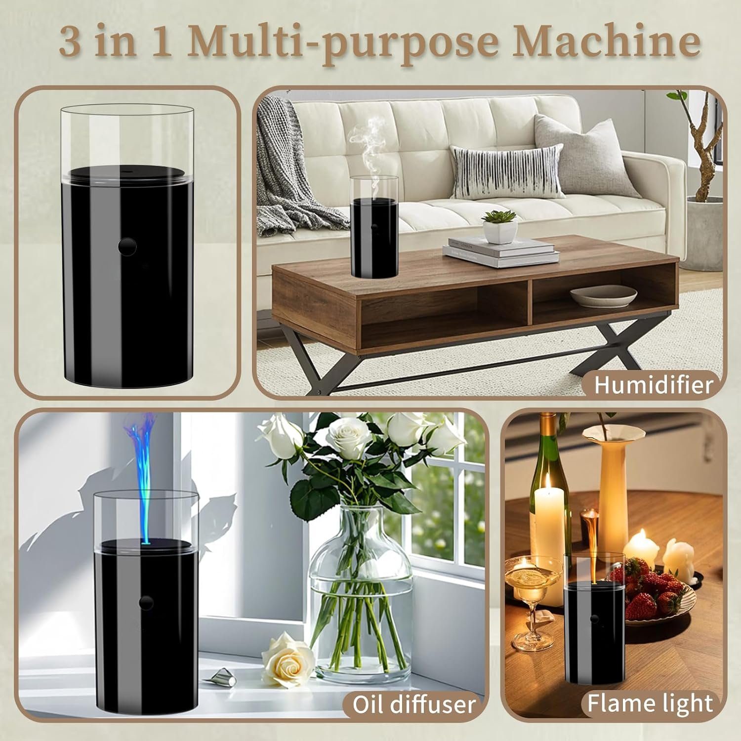 megadot Diffuser Aroma Diffuser, Kabellos Ultraschall Diffuser mit Flammen Effekt, 3D -Kerzenform Duft Diffuser mit 7 Farben LED für Zuhause, Büro, Autos