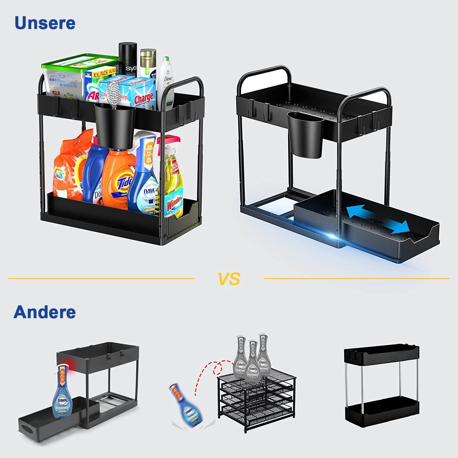 Kpaloft Ablageregal 2-stöckiger Organizer mit 4 Haken 2 Etagen & 1 Hängebeche, Spülschrankregal Waschbecken Regal, Unter der Spüle Schiebeschrank Regal Organizer für Badezimmer, Küchen