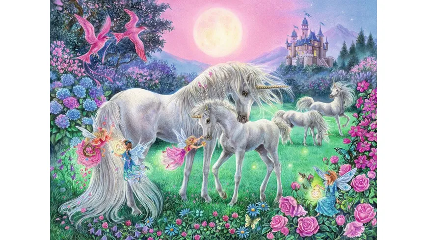 Ravensburger Puzzle - Dreifarbiges Leuchtpuzzle - Einhörner im Mondschein, 100 Teile