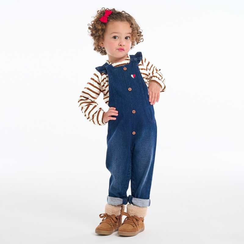Salopette denim bleue et sweat rayé bébé fille