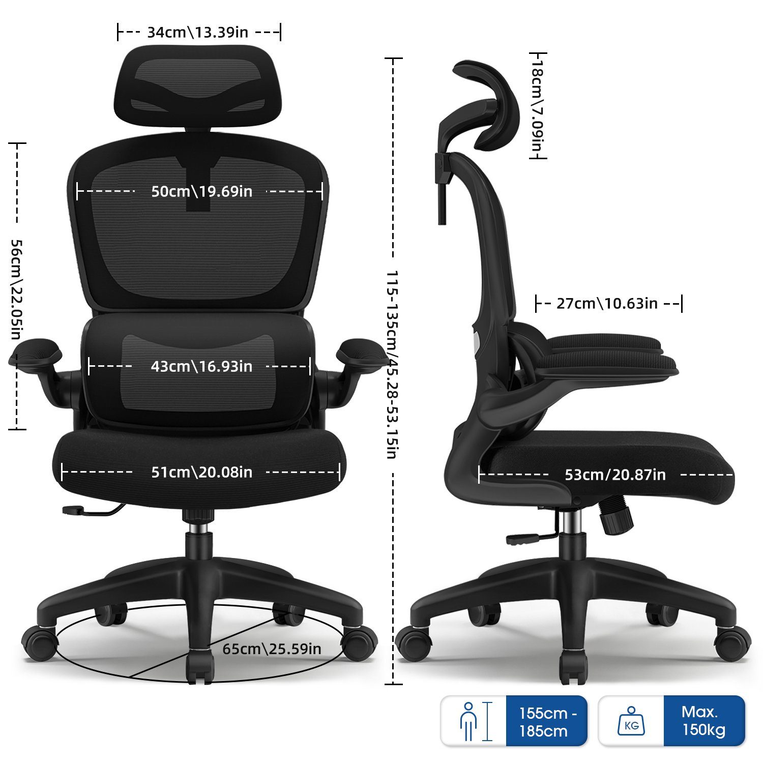 Authmic Chefsessel Bürostuhl, Drehstuhl, Schreibtischstuhl, Chefsessel (Bürostuhl ergonomisch mit verstellbarer Kopfstutze, Armlehnen, Atmungsaktiver Netzstuhl), Wippfunktion von 90° bis 135°, Bürostuhl 150kg