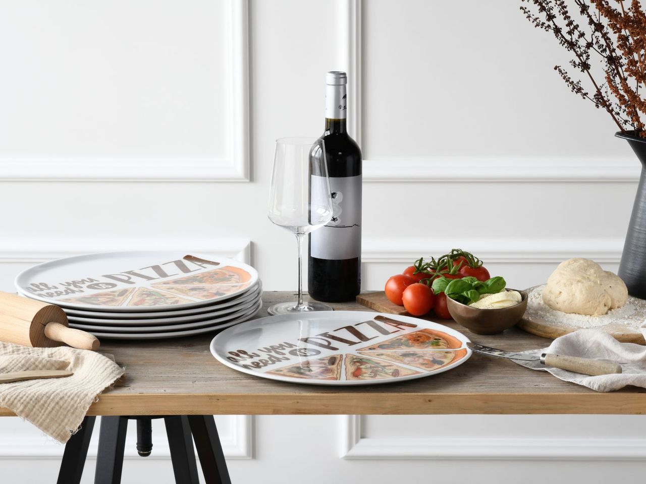 CreaTable Pizzateller Set ALL YOU NEED, 6-teiliges Geschirrset, Pizzateller aus Porzellan