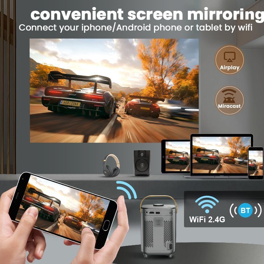 Magcubic Unterstützung 4K Bluetooth 5.0 mit WiFi Portabler Projektor (260 lm, 8000:1, 3840 x 2160 px, mit 200'' Display Beamer für Handy klein Heimkino)