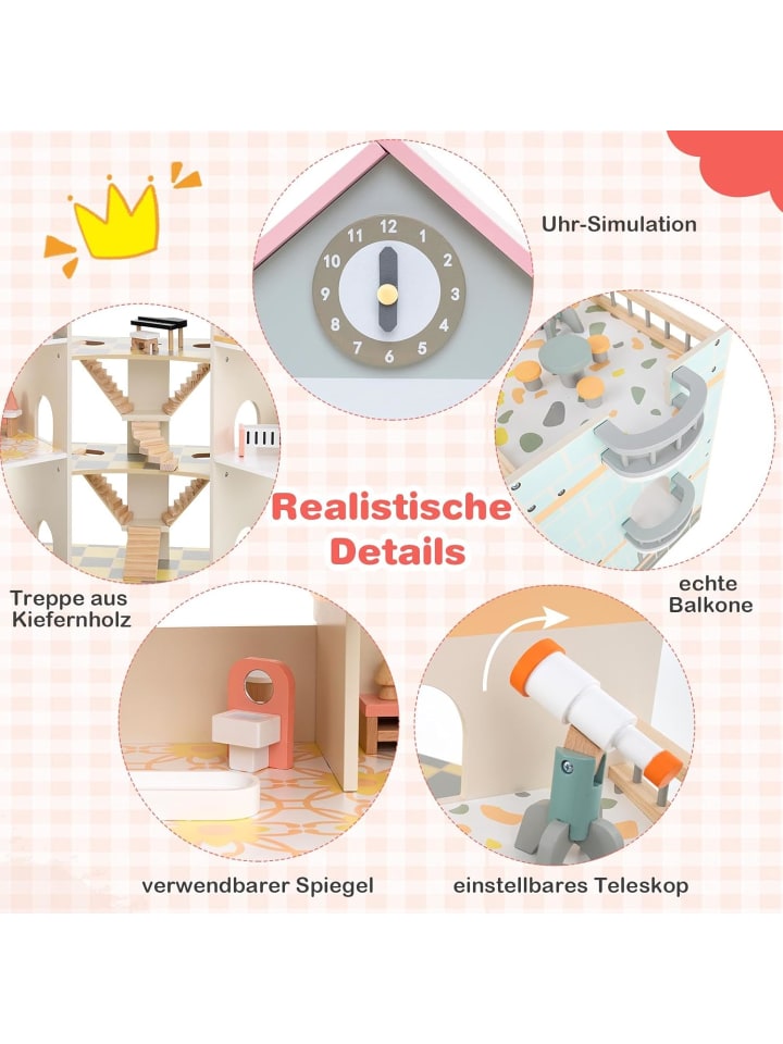 COSTWAY Puppenhaus Holz ab 3 Jahren in Rosa günstig kaufen onesize