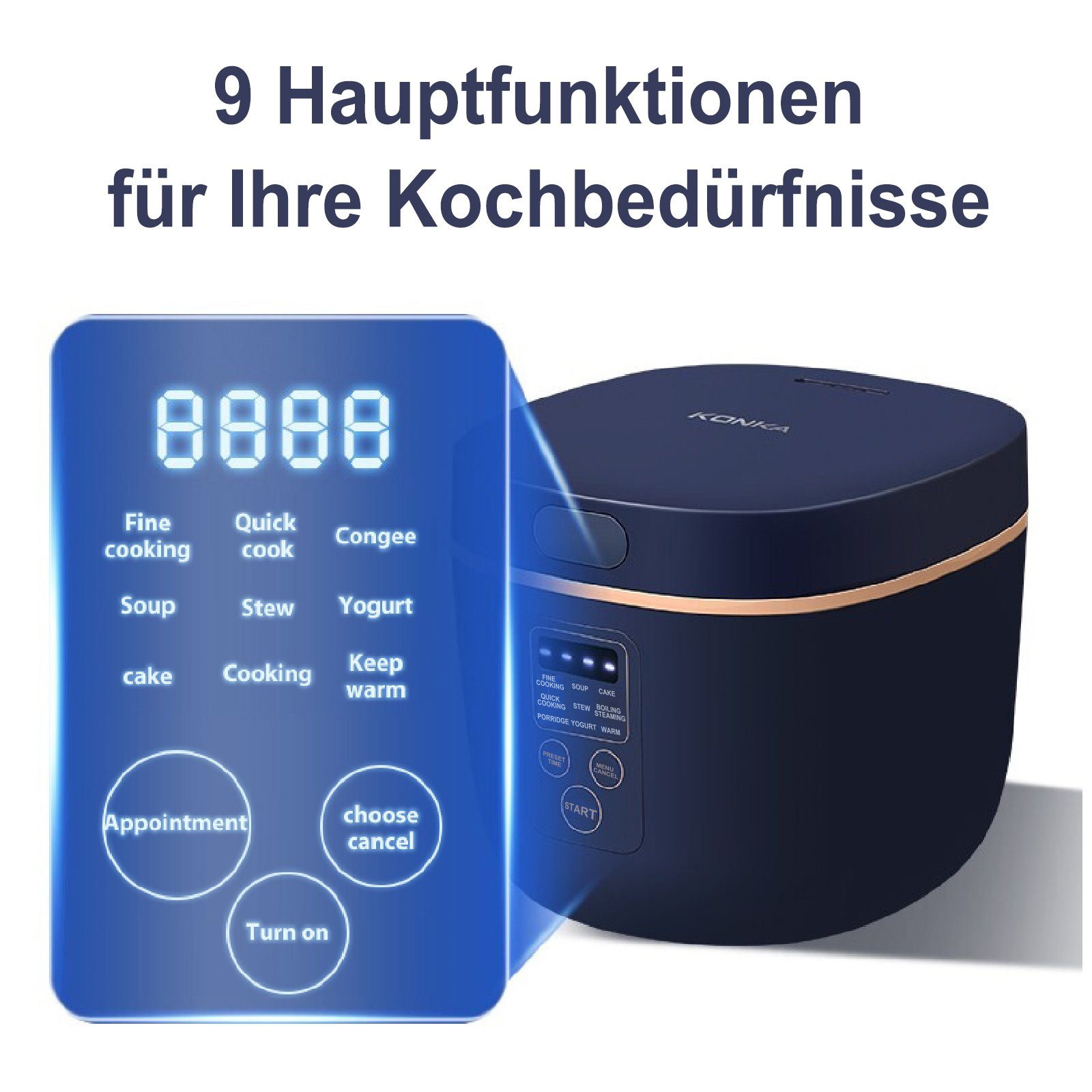 KONKA Reiskocher, Digitaler Reiskocher Klein 2L Timer- und Warmhaltefunktion 9 Programme