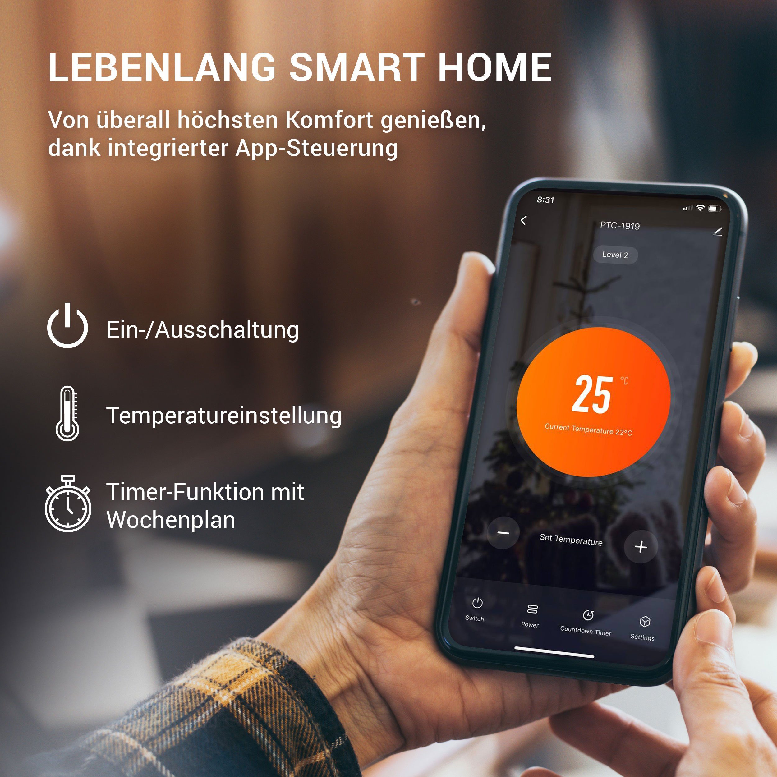 Lebenlang Elektro-Heizkörper Keramik Heizlüfter energiesparend leise - inkl. App & WiFi 2000W, App-Steuerung mit Wochenplan, Fernbedienung, 3 Modi, 16-37 Einstellung
