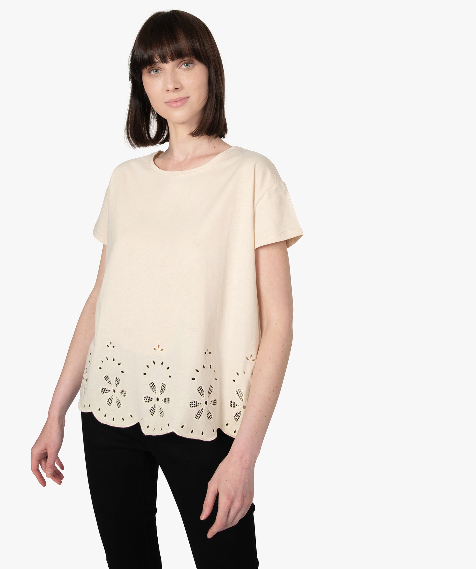 Tee-shirt femme à manches courtes avec bas brodé | GEMO