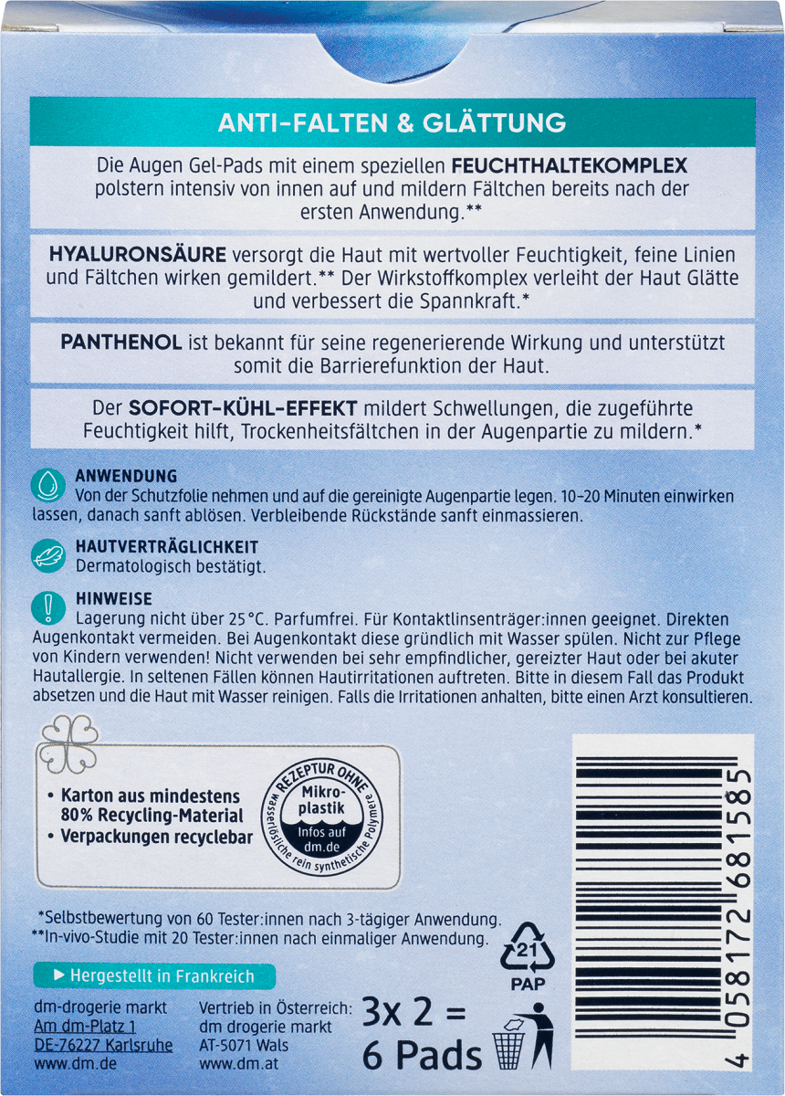 Augen Gel-Pads Beauty Hyaluron (3 Paar), 6 St
