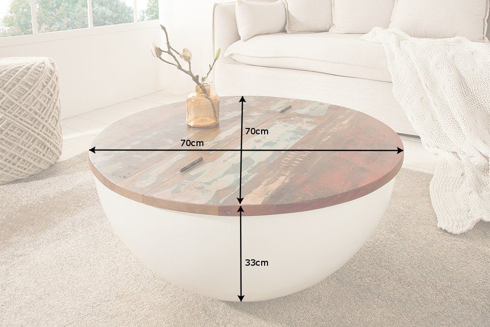 riess-ambiente Couchtisch JAKARTA 70cm weiß / natur, Wohnzimmer · recyceltes Massivholz · rund · mit Fach · Metall · Boho