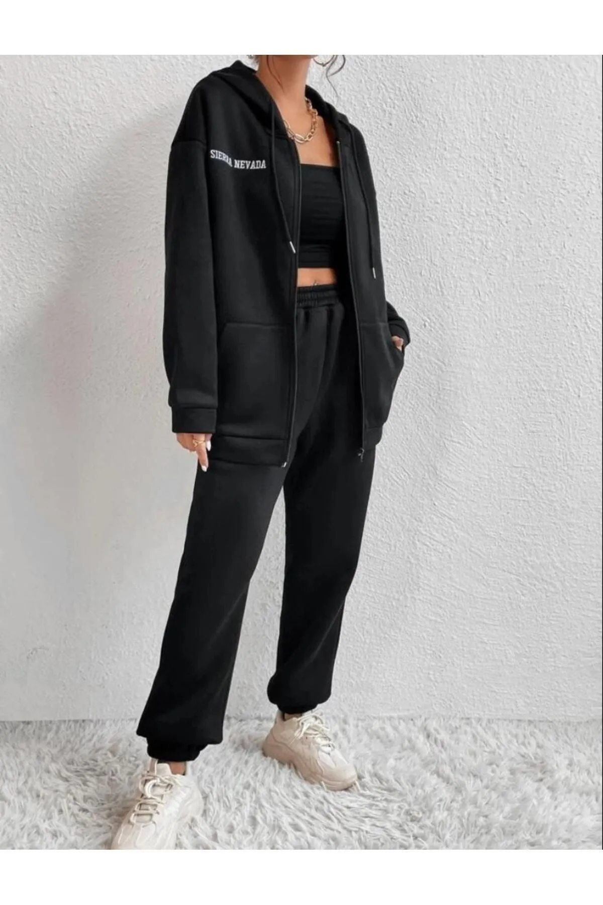 Know  Schwarzes Sierra Nevada-Trainingsanzug-Set mit Cardigan-Jogger-Übergröße für Damen in Schwarz