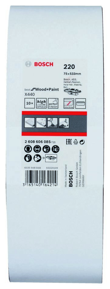 Bosch Blue Zubehör 2608606085 Schleifband 75 x 533 mm K220 Ideal für Holz und Lack 10 Stück