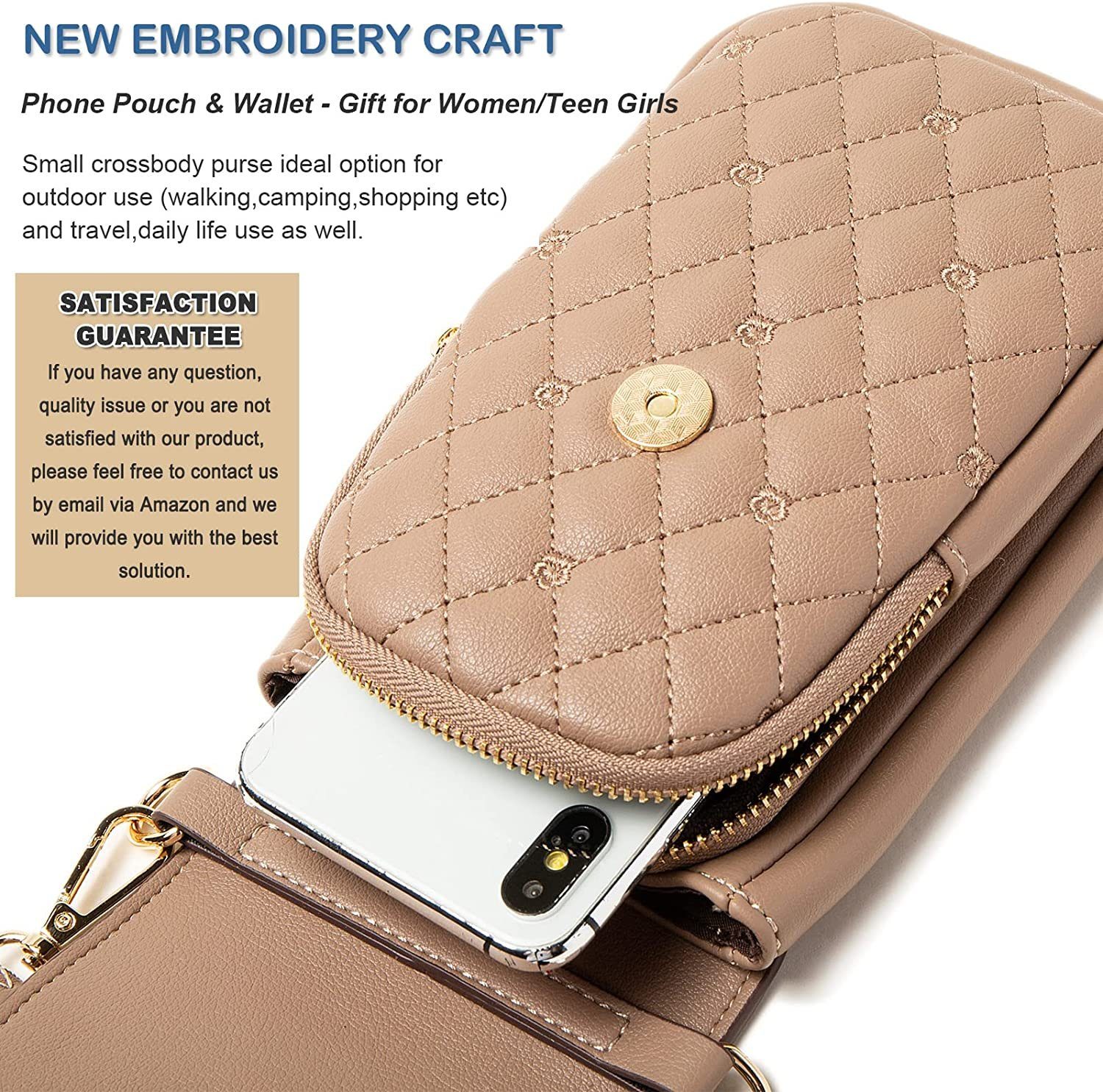 Directin Umhängetasche Umhängetasche Damen, Handy-Umhängetasche, Minibag, Crossbody (Passend für 6,9-Zoll-Handys, Stickerei Handytasche mit Geldbörse zum Umhängen), mit Verstellbar Abnehmbar Schultergurt