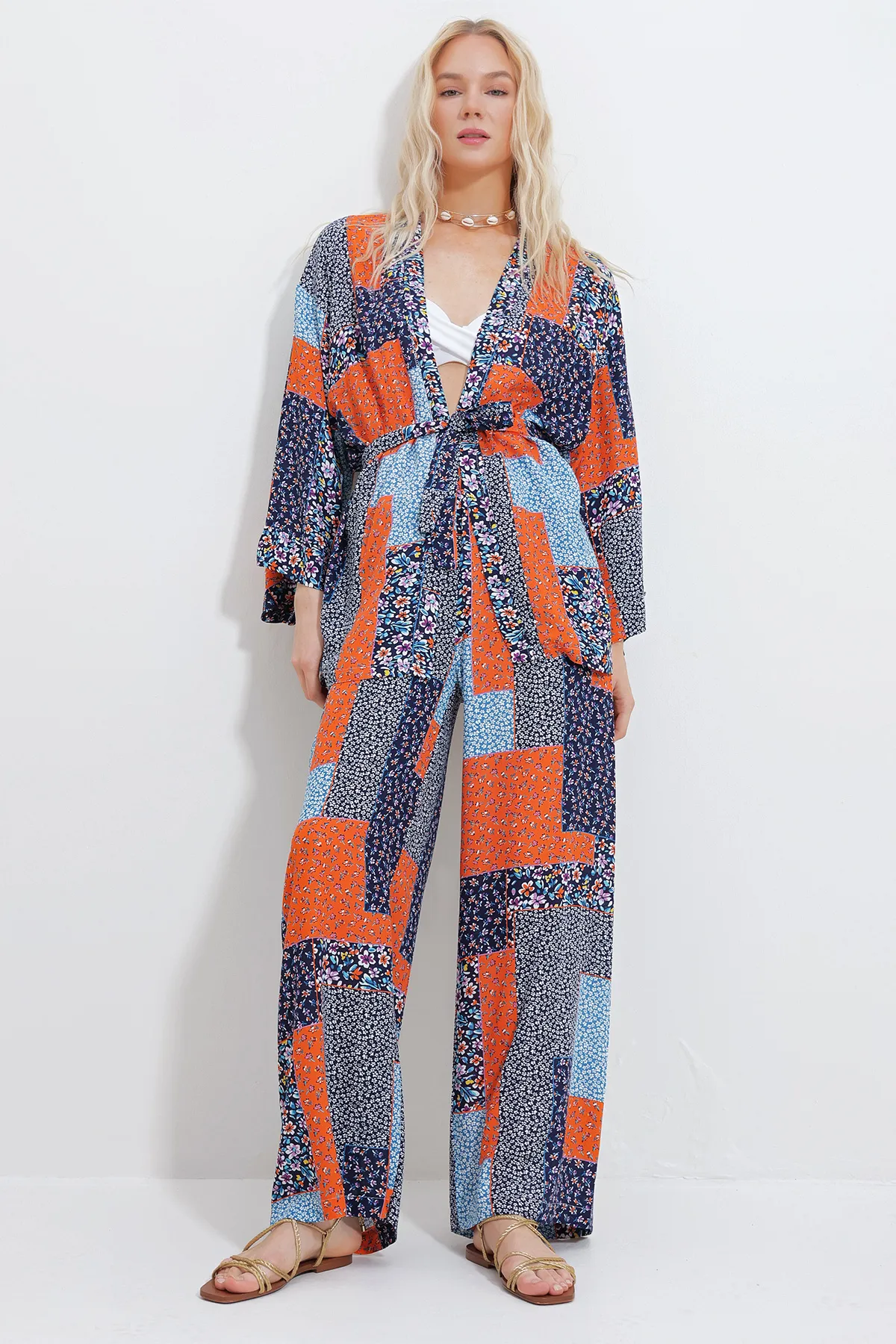 Trend Alaçatı Stili  Marineblau-Orangefarbenes Kimono-Jacken- und Palazzo-Hosen-Set für Damen ALC-X11594