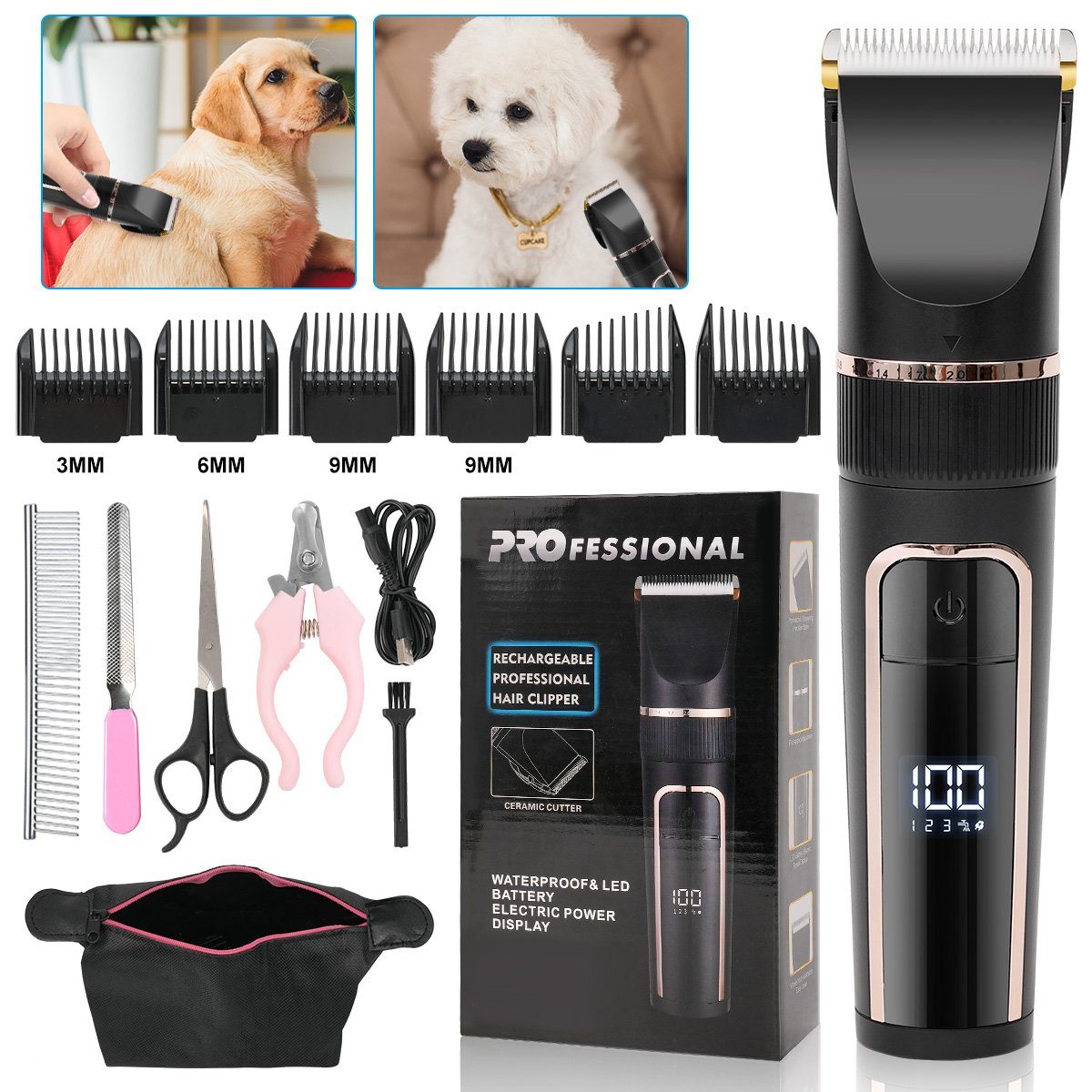 7Magic Hundeschermaschine Pferdeschermaschine, Multifunktionstrimmer, mit Ladeanzeige, Aufbewahrungstasche, Haarschneider für Haustiere, Katzenhaarschneider