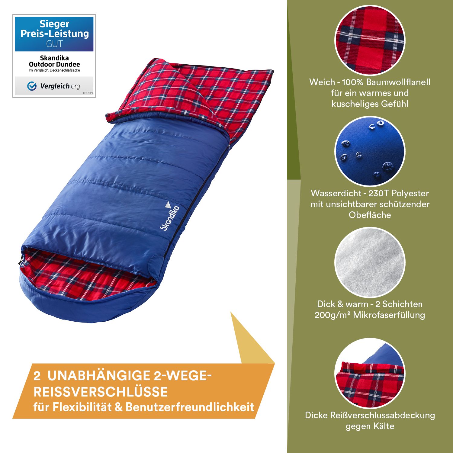 Skandika Dundee Flanell RV links blauer Schlafsack