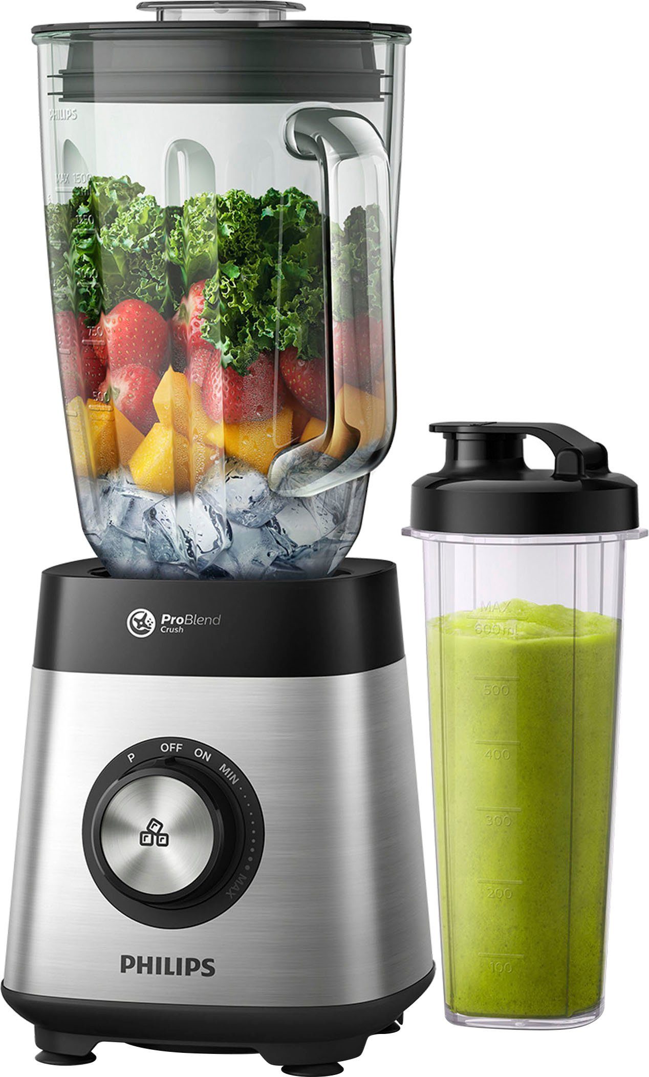 Philips Standmixer HR3573/90, 1000 W, 27.000 U/Min. und 1,5l Volumen, inkl. Glasbehälter mit Trinkaufsatz