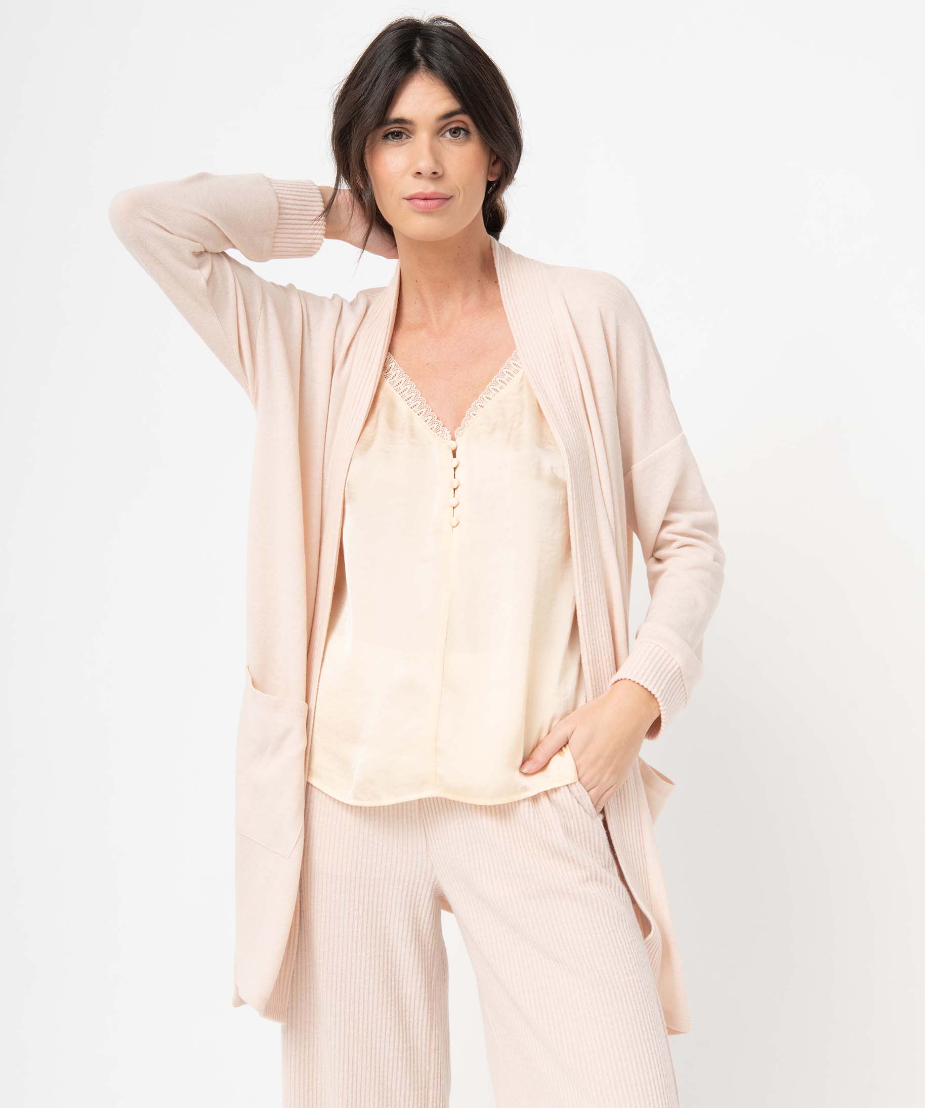 Veste d'intérieur femme en maille duveteuse avec ceinture à nouer