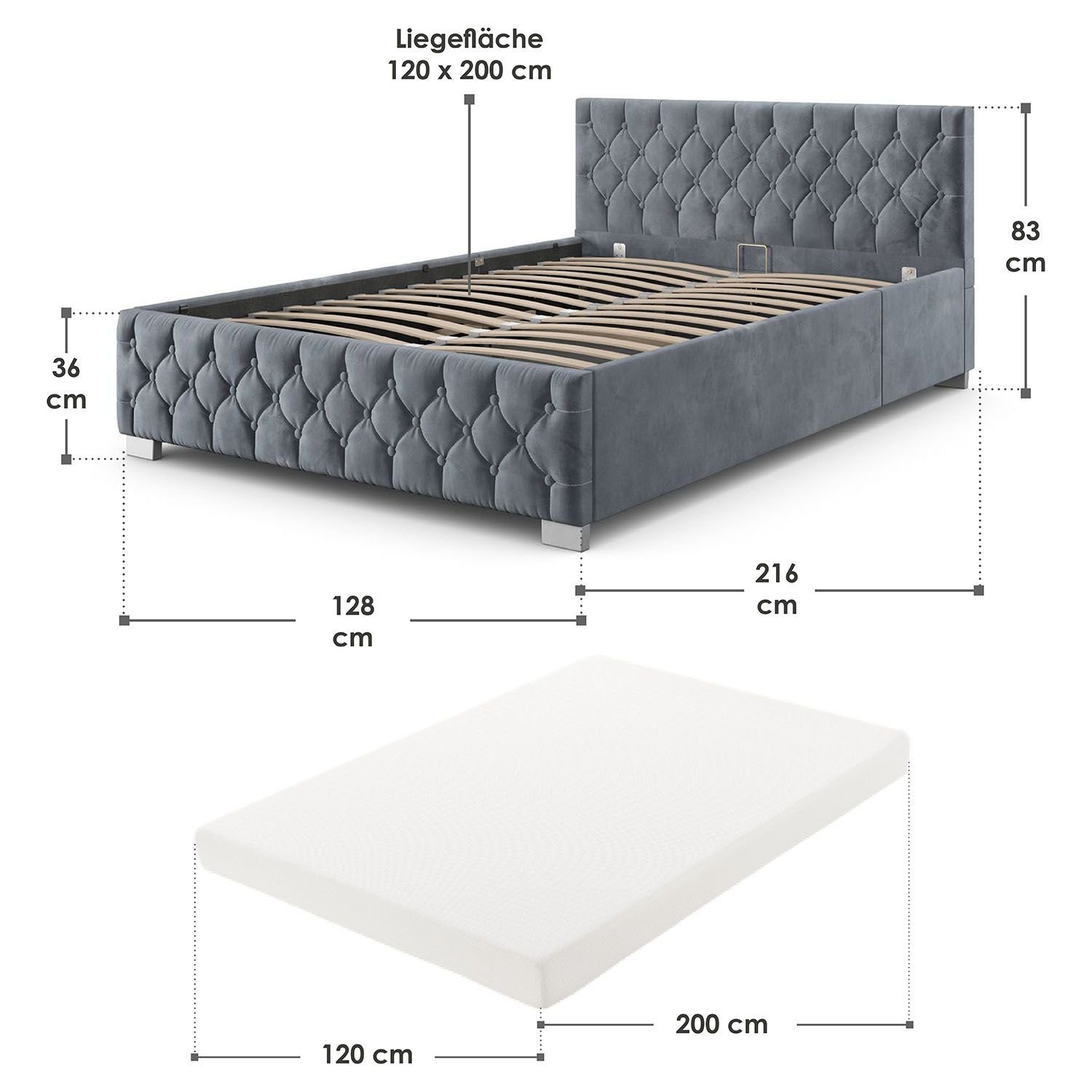 Juskys Polsterbett Nizza, 120x200 cm, Samt-Bezug, LED-Licht, großer Bettkasten, inkl. Matratze