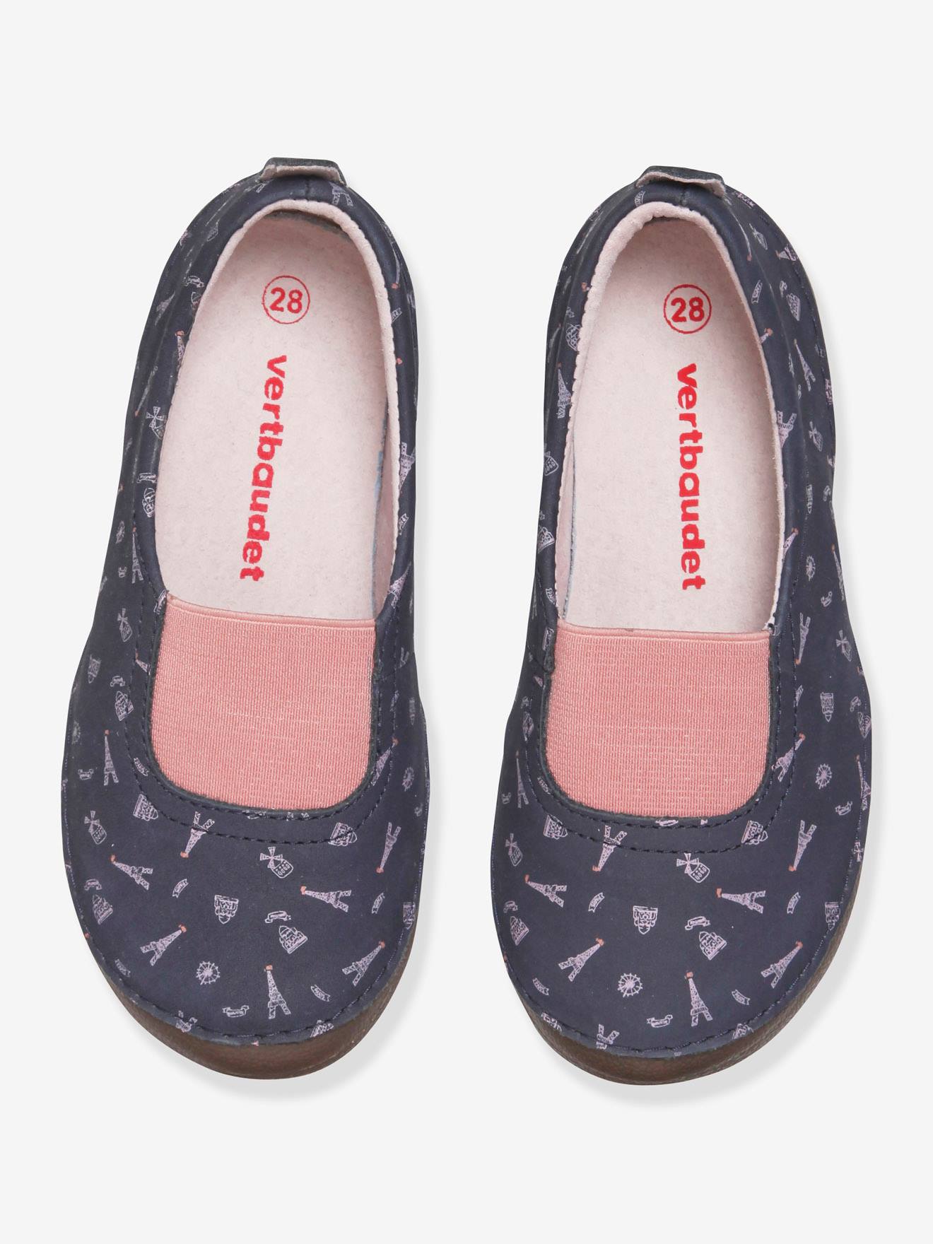 Chaussons élastiqués fille en cuir imprimé marine imprimé paris