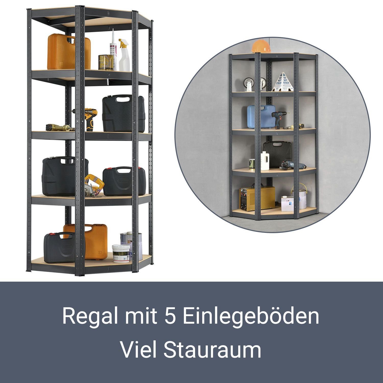 Juskys Eckregal Corner Basic, 5 Böden aus MDF-Holz, 175kg Traglast je Boden, Abstände frei wählbar